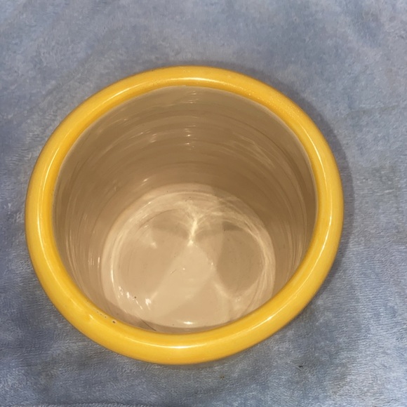 Lamas Pottery Utensil Holder Crock Hand Made Italy 6x5.5” Yellow w/ Blue Flowers - Picture 4 of 9